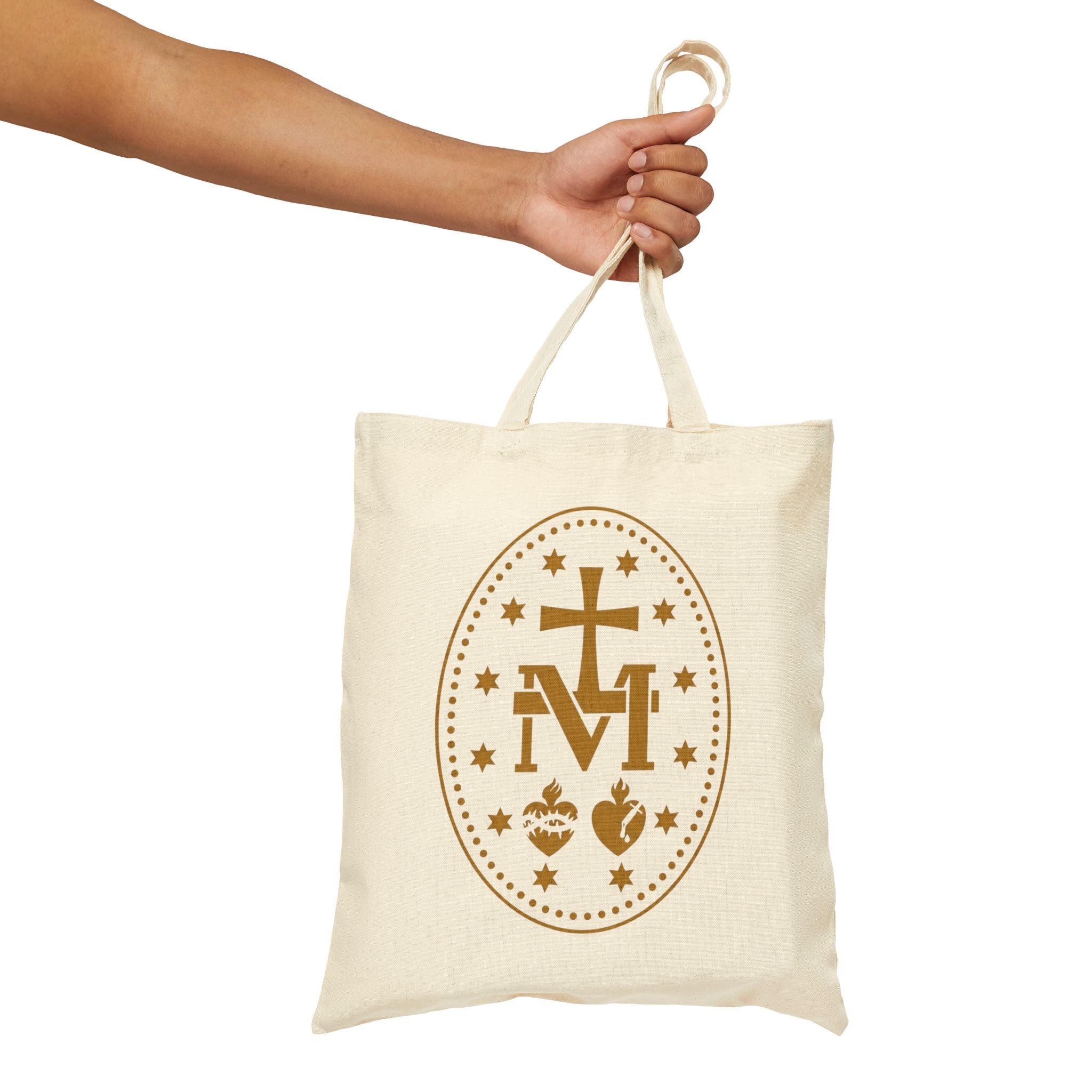 Catholic Marian Canvas Tote Bag — Miraculous Medal & Sacred Symbols Cotton Tote