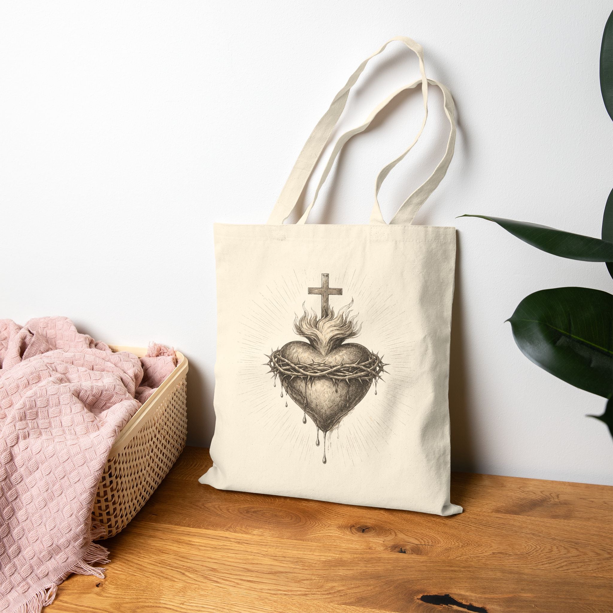 Sacred Heart Canvas Tote Bag – Vintage Religious Design