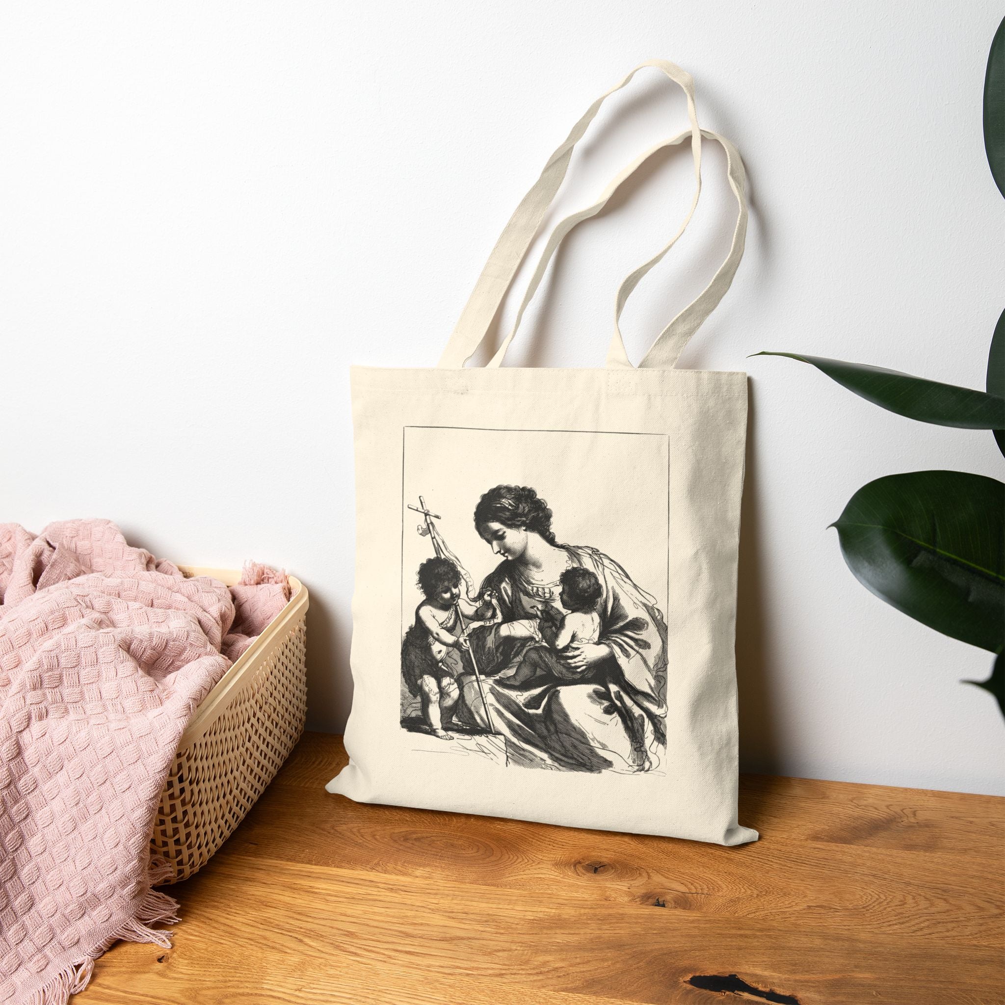 Madonna with Jesus & John the Baptist Cotton Canvas Tote — Religious Classic Art Shoulder Bag