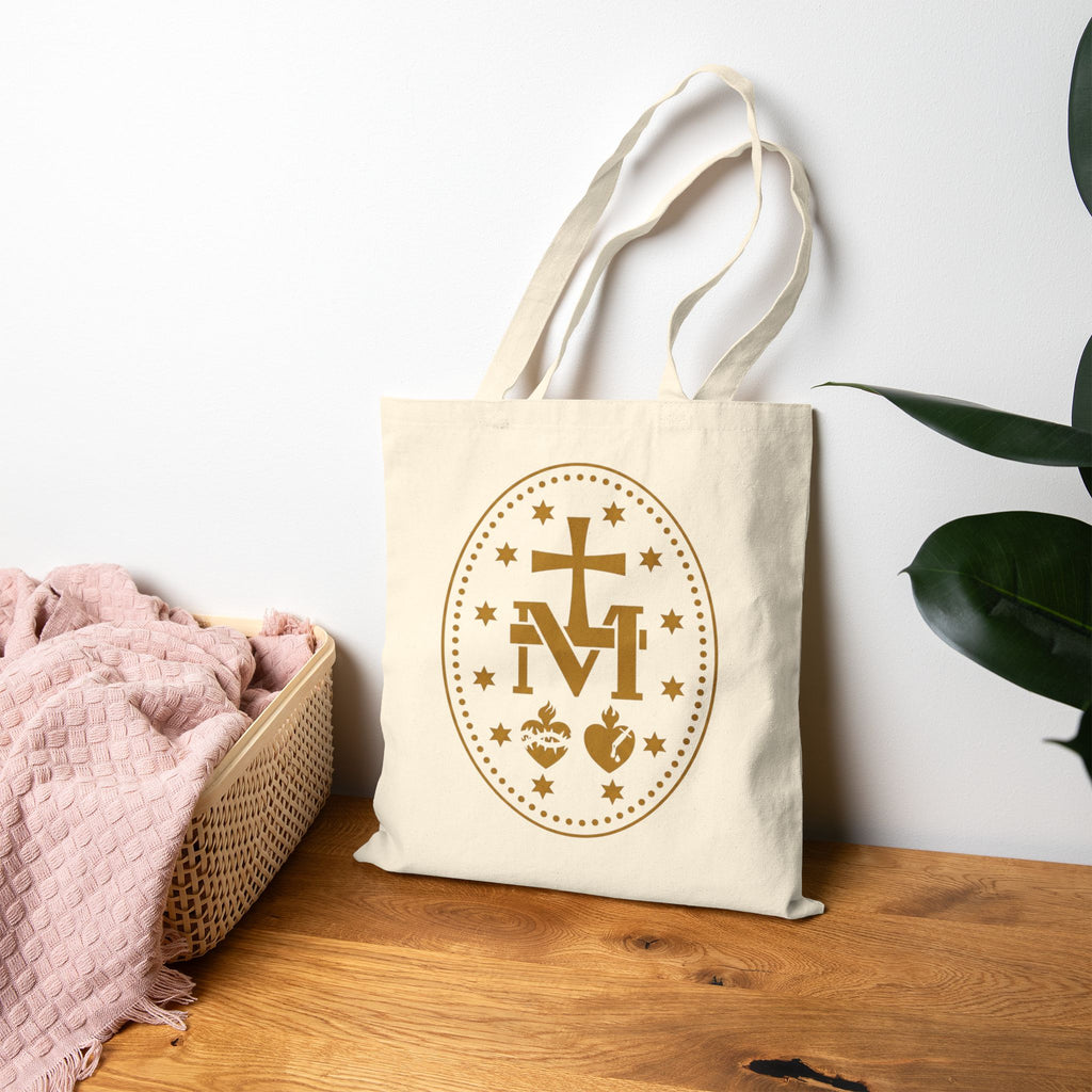 Catholic Marian Canvas Tote Bag — Miraculous Medal & Sacred Symbols Cotton Tote