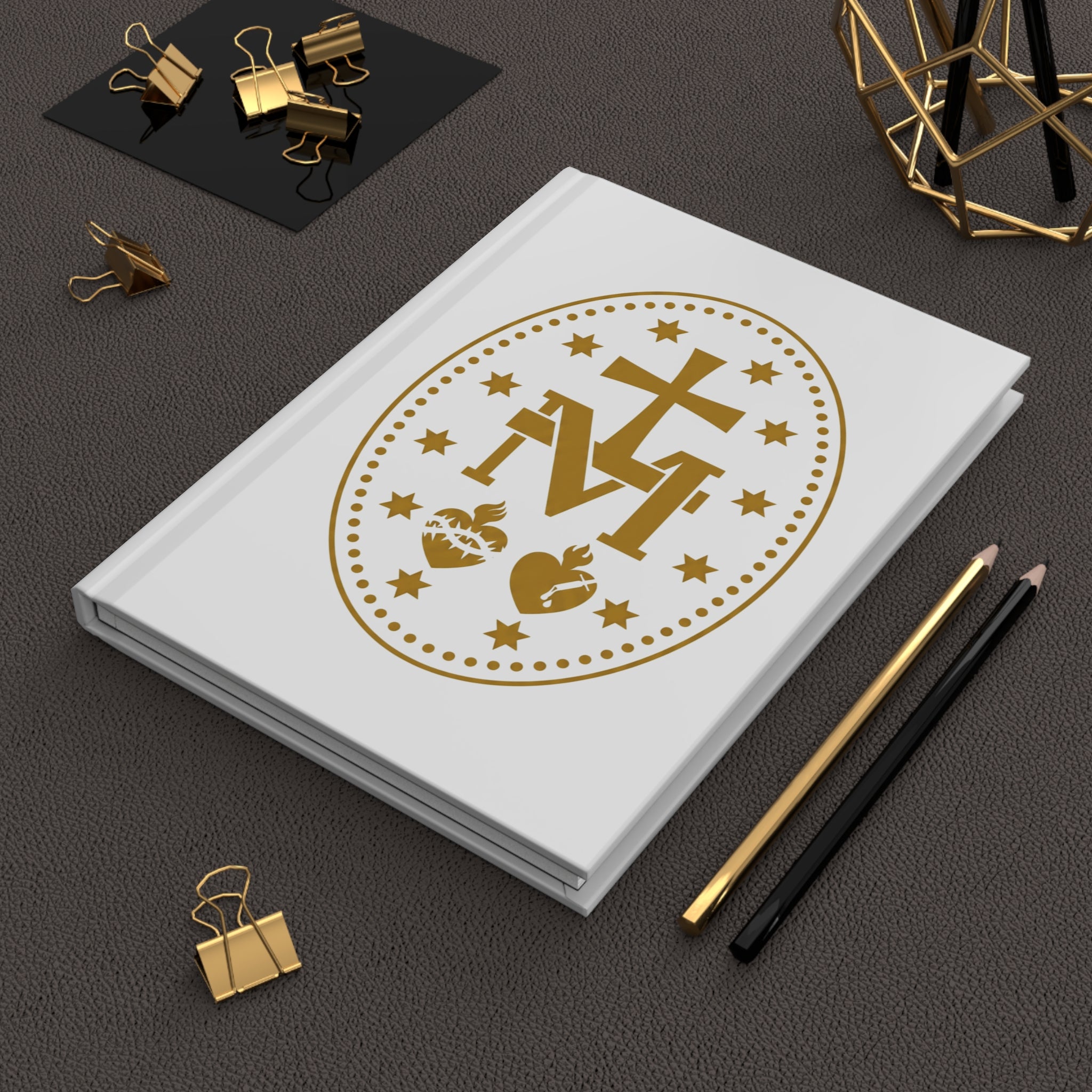 Catholic Marian Hardcover Journal — Gold Cross & Sacred Hearts Notebook