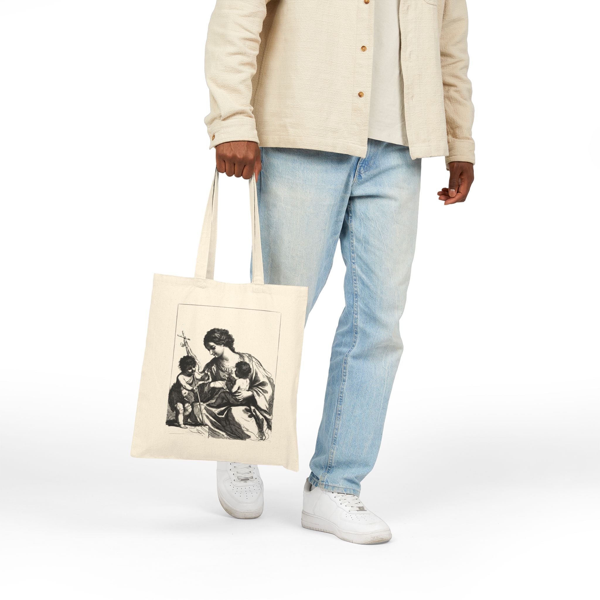Madonna with Jesus & John the Baptist Cotton Canvas Tote — Religious Classic Art Shoulder Bag