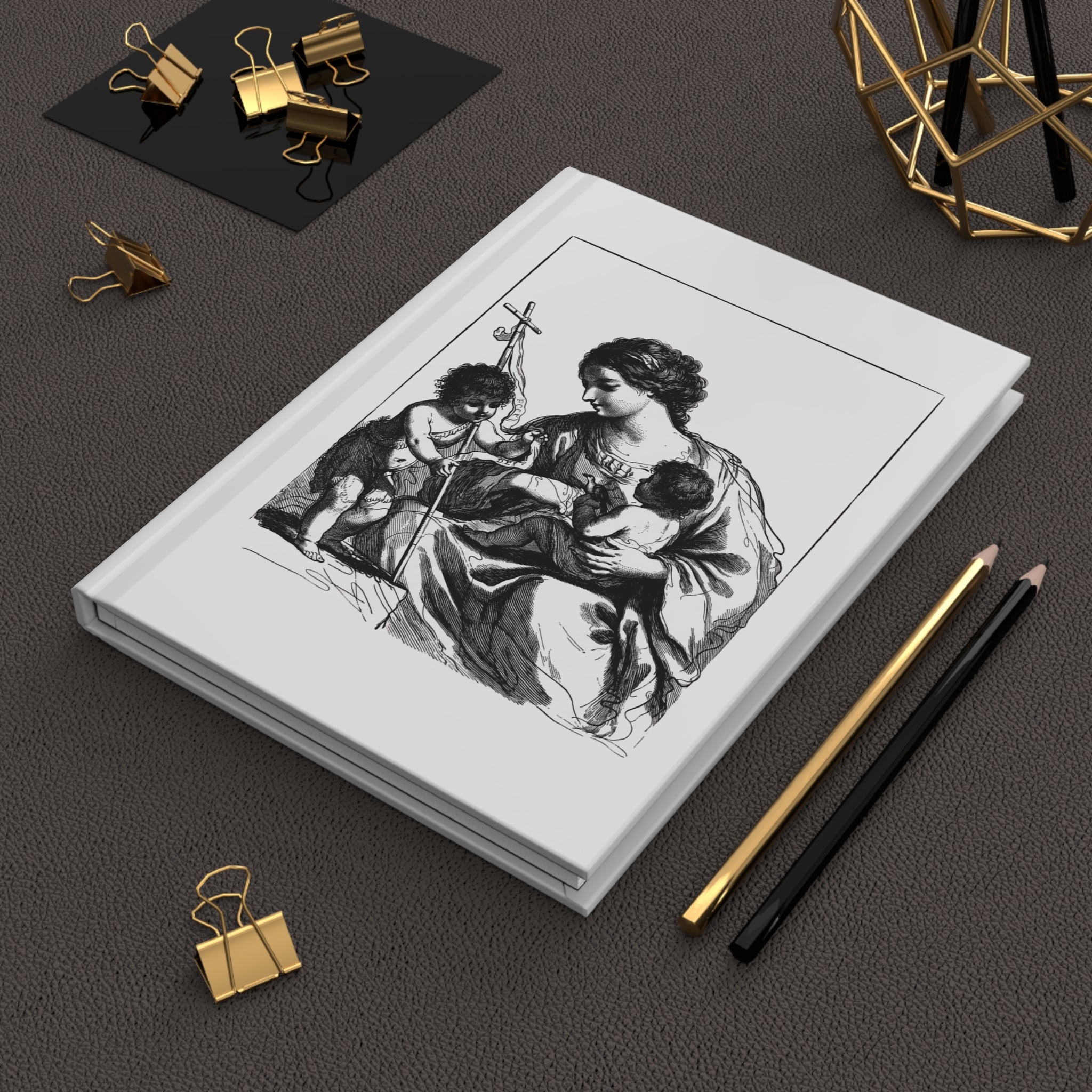Religious Hardcover Journal — Madonna & Child Illustration, JMJ Monogram