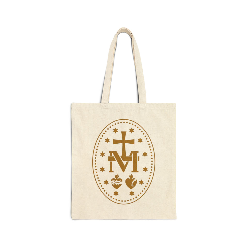 Catholic Marian Canvas Tote Bag — Miraculous Medal & Sacred Symbols Cotton Tote
