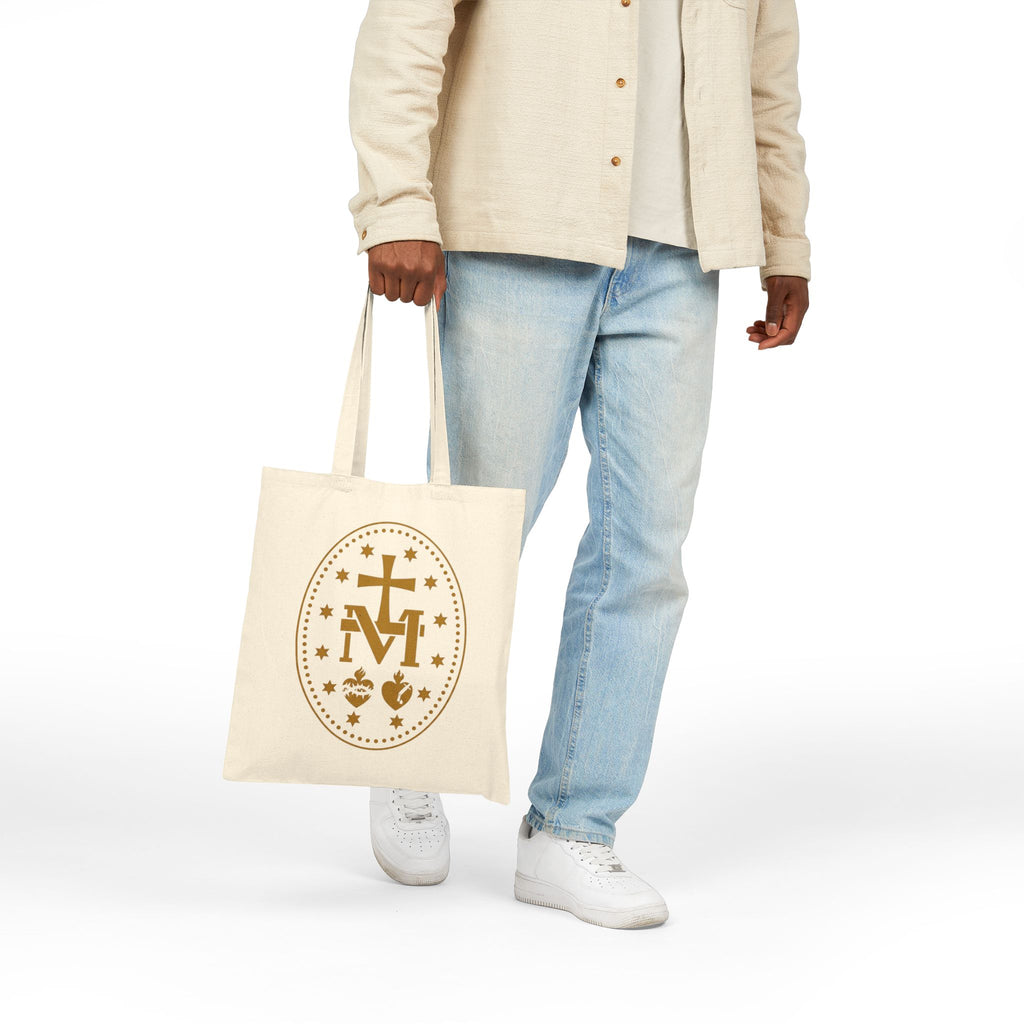 Catholic Marian Canvas Tote Bag — Miraculous Medal & Sacred Symbols Cotton Tote