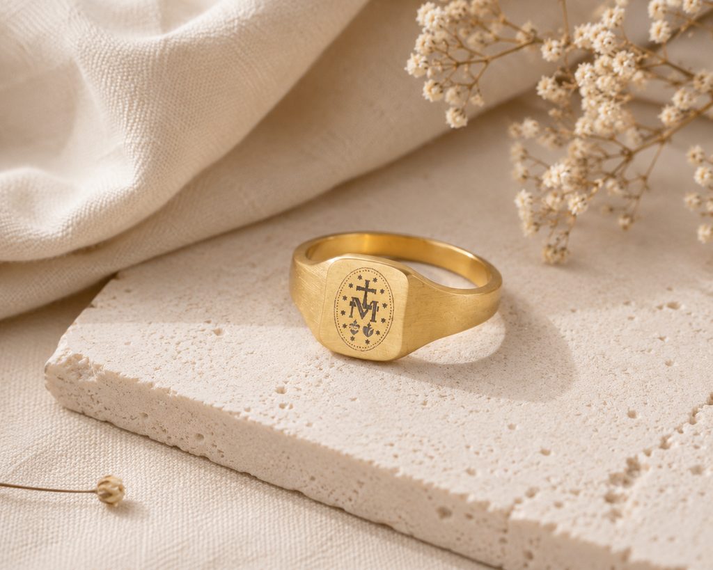 Engravable Square Signet Ring — Stainless Steel Gold Finish, Marian Monogram