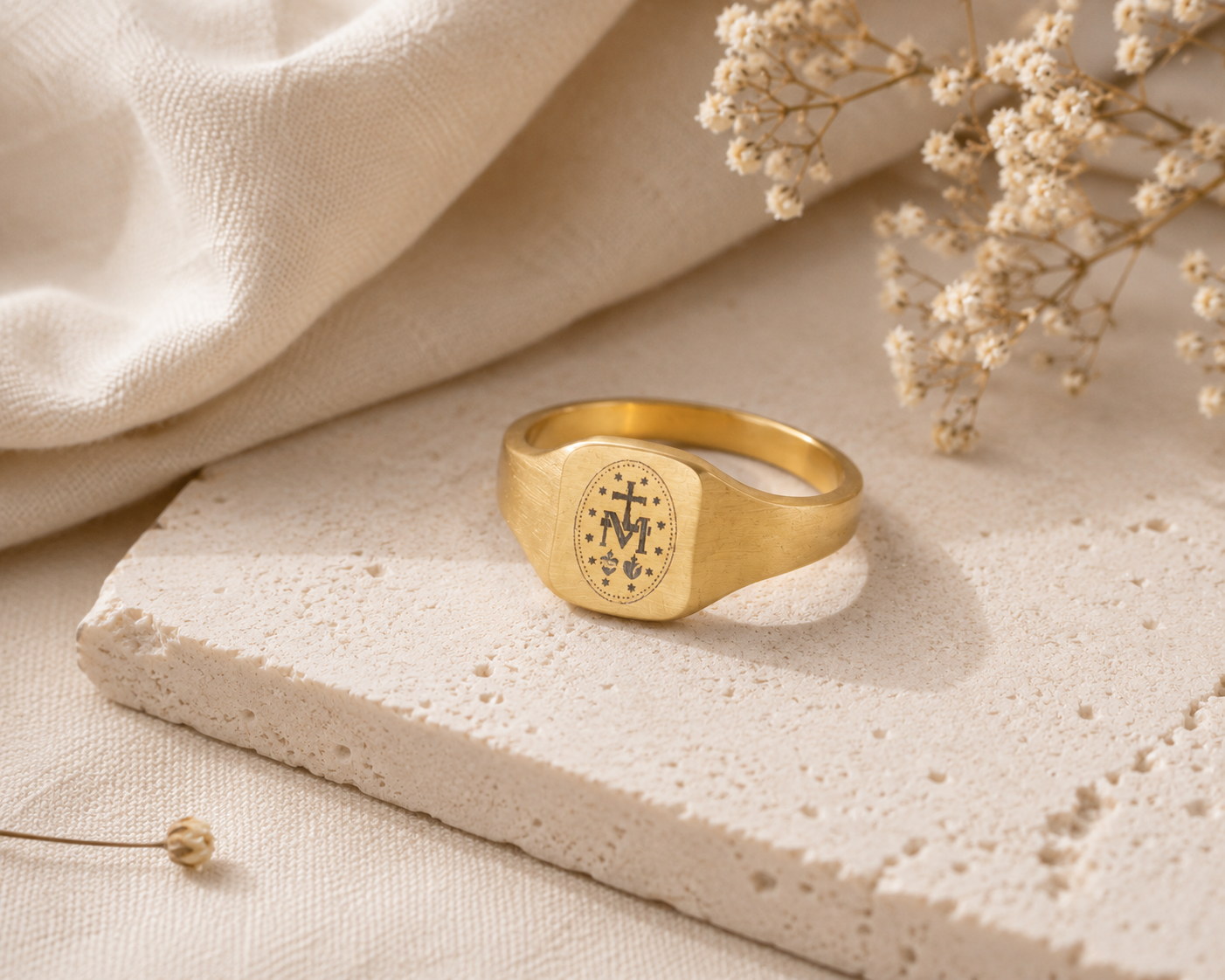 Engravable Square Signet Ring — Stainless Steel Gold Finish, Marian Monogram