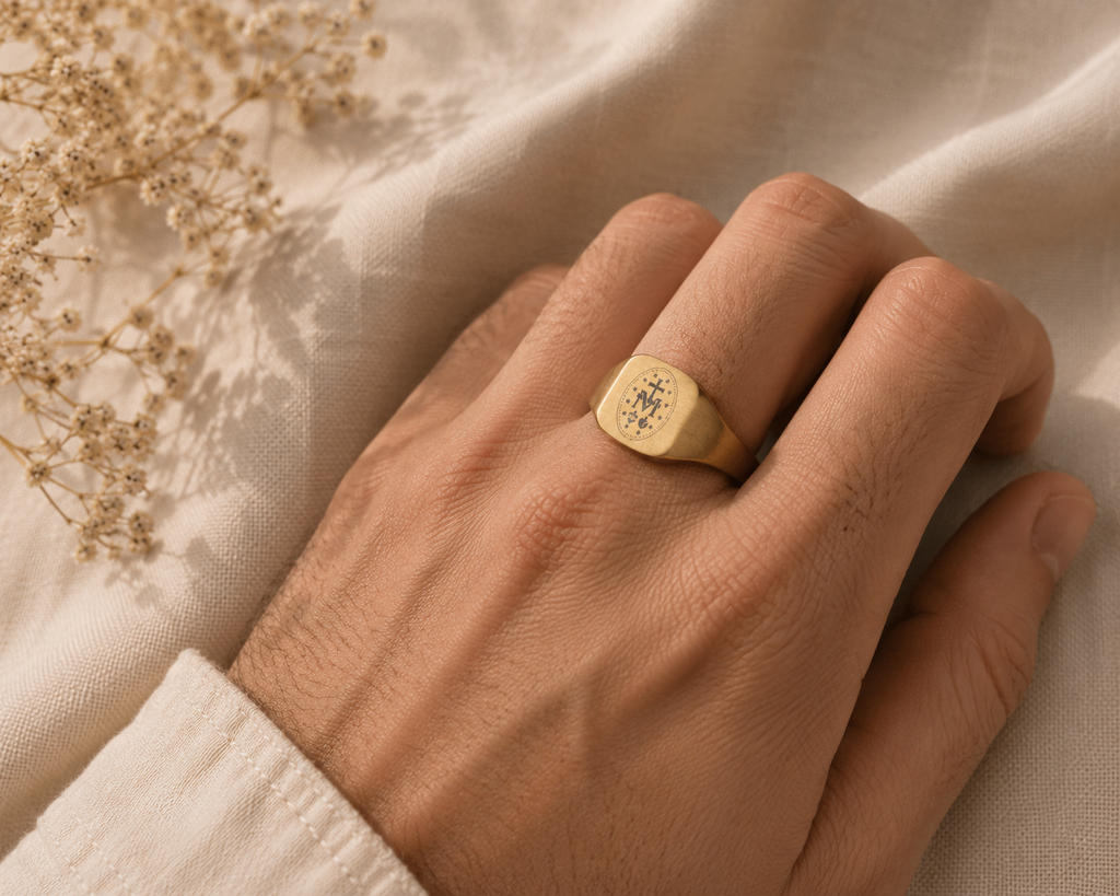 Engravable Square Signet Ring — Stainless Steel Gold Finish, Marian Monogram