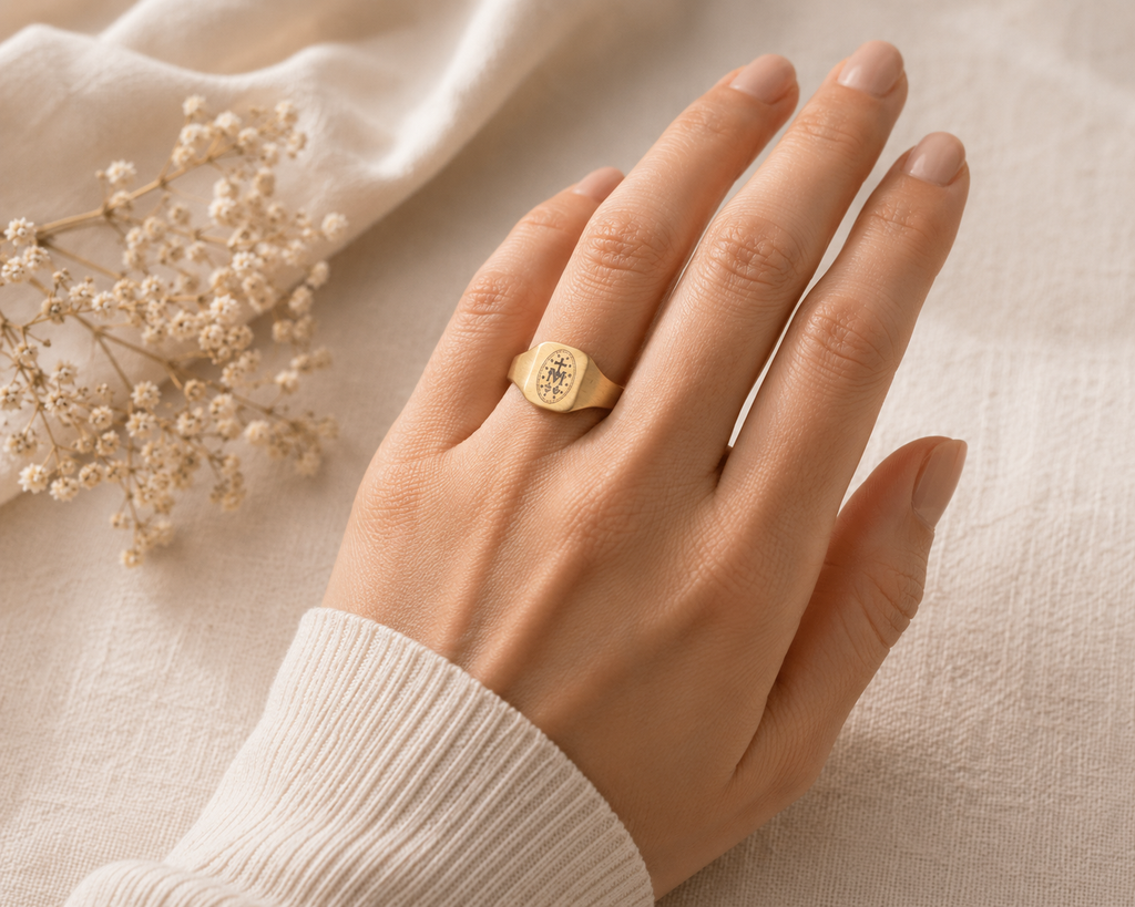Engravable Square Signet Ring — Stainless Steel Gold Finish, Marian Monogram